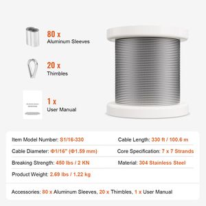 Kit de Cable de Acero Inoxidable 304 de 330 pies con 80 Casquillos y 20 Nudos, 7x7 Hilos, 450 Libras de Resistencia a la Rotura, 1/16" - Product Image 2