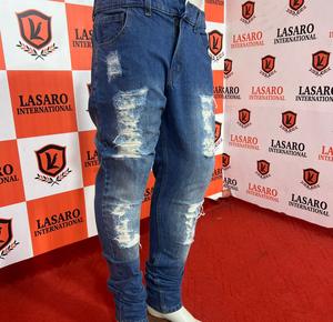 กางเกงยีนส์ทรงสลิมฟิตผู้ชาย ผ้าเดนิมคอตตอน 100% เป็นมิตรต่อสิ่งแวดล้อม ระบายอากาศได้ดี สีน้ำเงิน ขาด/ทำสีซีดแบบพิเศษ บริการ OEM ตามสั่ง - Product Image 5