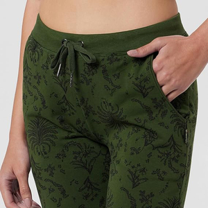 Women's Green Floral Printed Jogger Pants Mid Waist Drawstring Ankle-Length Casual Knitted Spandex Cotton Blend Pants - Product Image 3