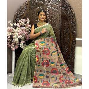 DISEÑADOR DE LINO BANDHEJ IMPRESIÓN DIGITAL TRABAJO SAREE CON BOLUSE DESECHADO MEHNDI - Product Image 1
