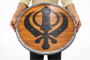 Calvin Handicraft Round Wooden <b>Wall</b> Hanging with Black Khanda Symbol Art Deco Design for Hallway and Living Room Home Decor - Product Image 1