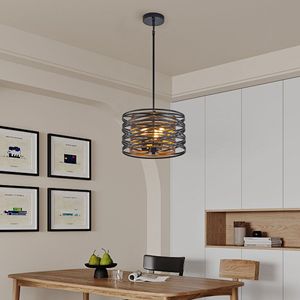Lampadario a sospensione industriale rustico a 3 luci da 13 pollici, gabbia in metallo nero noce con accenti in legno per isole cucina o sala da pranzo - Product Image 1