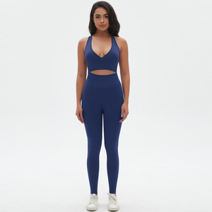 Ensemble de yoga 2 pièces sans coutures avec short et haut dos nu, taille haute, bleu marine uni, extensible dans les quatre sens, en Spandex et Polyester, infroissable, coupe haute à l'avant - Product Image 4