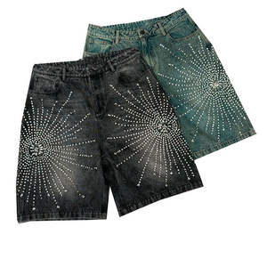 Pantalones Cortos de Mezclilla para Hombre Estilo Hip Hop con Diamantes, Diseño Desgastado Vintage, Lavado Ácido y Pedrería, Fabricante Jort Baggy - Product Image 3
