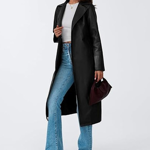 Ladies Vintage Long Style Belt Design Fish Leather Trench Coat with Fox Windproof Wholesale Custom Women Coat - Product Image 6