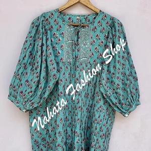 Nueva Llegada Verano Algodón Azul Floral Impreso Mujeres Mini Maxi Vestido 3/4th Mangas Con Botones Mini Vestido Para Mujeres - Product Image 1