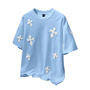 Light Blue Customized <b>Geometric</b> Embroidered Men's T-<b>Shirt</b> Short Sleeve Crew Neck Loose Fit 280g Front Logo Knitted Casual - Product Image 1