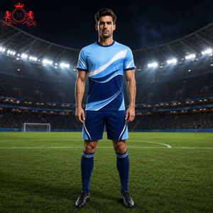 ชุดเสื้อฟุตบอลสีน้ำเงินขาวแบบซับลิเมชั่นพร้อมกางเกงขาสั้น ชุดยูนิฟอร์มฟุตบอลสำหรับผู้ใหญ่ ผ้าโพลีเอสเตอร์ระบายอากาศ ตรวจจับรอยตะเข็บด้วยเข็ม - Product Image 4