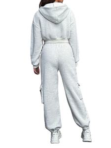 ชุดลำลองผู้หญิงผ้าฝ้ายแท้ 100% แบบสวมใส่สบาย ชุดออกกำลังกาย เสื้อครอปฮู้ดดี้ กางเกงจ็อกกิ้ง ชุดสองชิ้น ระบายอากาศได้ดี - Product Image 3