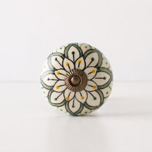 Handcrafted Ceramic Floral <b>Cabinet</b> <b>Knob</b> White Green Round Drawer Pull Decorative Furniture Door Wardrobe Handle Home Decor - Product Image 1