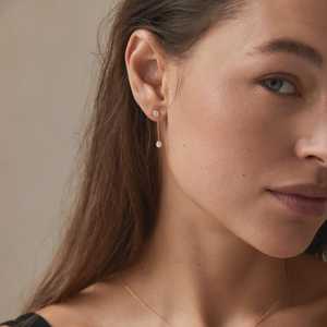 Boucles d'oreilles pendantes en chaîne en or massif 14k 18k avec diamant de laboratoire rond serti clos, clous avant et arrière, embellisseurs de pendentifs, bijoux fins - Product Image 6
