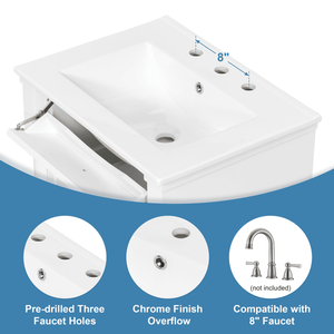 Mobile Bagno Bianco da 24 Pollici con Lavabo, Cassetto Ribaltabile, Ripiano Regolabile, Finitura Impermeabile in Legno di Gomma Massiccio - Product Image 6
