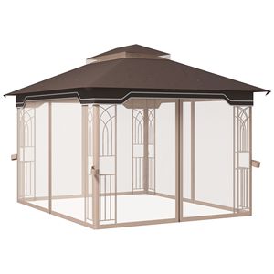 Gazebo Moderno in Metallo 10x12 piedi con Tetto a Doppio Livello e Zanzariere Marrone per Cortili di Ville, Parchi e Giardini di Hotel - Product Image 1