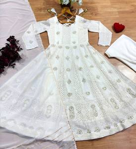 <b>White</b> Cotton Anarkali <b>Suit</b> With Dupatta Traditional Indian Pakistani <b>Women</b> Floor Length <b>Wedding</b> Wear Stretchable Regular Fit - Product Image 3