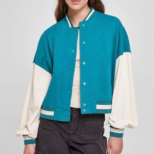 Blouson Bomber Universitaire Femme Hiver Vert Eau Grande Taille avec Col Montant, Motif Imprimé et Caractéristiques Réversibles Coupe-Vent - Product Image 1