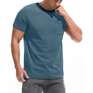 Camiseta de Algodón de Color Sólido para Hombre, Manga Corta, Cuello Redondo, Corte Regular, Informal, Tejida, con Bolsillo y Ribete en Contraste - Product Image 2