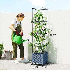 Fioriera Rialzata Grigia con Vaso e Scaffale per Piante, Recinzione Funzionale, Traliccio e Cancelli - Product Image 6