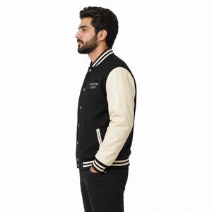 Veste universitaire haut de gamme en mélange de laine avec manches en cuir, fermeture à boutons-pression, col et poignets côtelés, doublure chaude, style classique décontracté urbain - Product Image 4