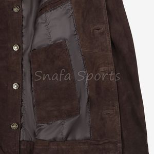 Camisa de ante marrón con botones de cuero para hombre, de invierno, con cuello vuelto de lana de borrego, ajustada, de piel auténtica, en oferta. - Product Image 4