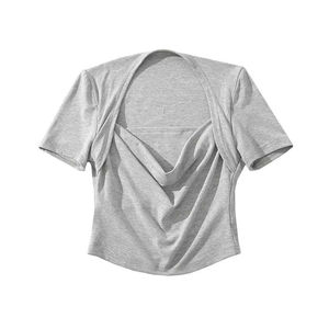 Camiseta Corta Unisex Asimétrica Cruzada de Manga Corta, Tejida en Spandex y Poliéster, Holgada, Transpirable y de Secado Rápido para Primavera/Verano - Product Image 6