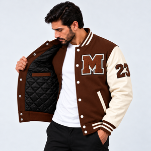 IRON MARK INDUSTRIES Men's Eco-Friendly <b>Brown</b> Color Block Varsity Jacket Crew Neck <b>Wool</b>/Viscose Shell Embroidered Letter M - Product Image 3