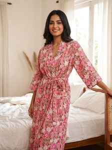 Bata Kimono de Algodón Floral Rosa con Diseño de Rayas y Cinturón para Spa, Hotel, Resort, Pedidos al por Mayor, EE. UU., Reino Unido, Australia - Product Image 3