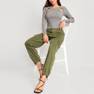 Pantalon cargo d'été élégant et personnalisé pour femme, délavé, taille mi-haute élastique, respirant, polyester/coton, poches amples - Product Image 4