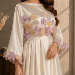 Ivory Satin Floral Applique Maxi Gown for Women Elegant Modest Evening <b>Dress</b> Premium 3D Flower Embroidered Long Sleeve Formal - Product Image 1