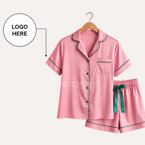 Cosh International Custom Logo Women's Pink Satin Short Sleeve Pajama Set With <b>Green</b> Trim Button Front Classic Style Summer Wear - Product Image 1