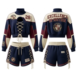 Ensemble de survêtement léger d'été pour femme en polyester/coton, avec short et sweat-shirt, imprimé dentelle, style course, vêtements de sport personnalisés pour équipe - Product Image 1