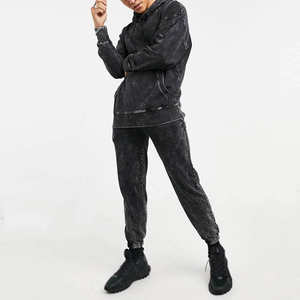 Custom Logo 320 GSM Acid Wash Windproof 100% Cotton Casual Solid Unisex Fashion Two-Piece Jogger Suit Winter Color Block Hooded - Product Image 1