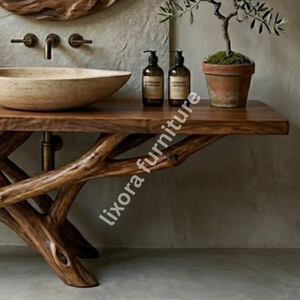 Meuble-lavabo de salle de bain de luxe en bois massif rustique fait main avec bord naturel, base artistique en forme de branche, console naturelle - Product Image 5