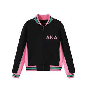 Chaqueta de Calentamiento AKA Black Air Tech Fleece Unisex con Ribete Rosa y Verde, Bordado Chenille con Letras Griegas, Cierre Premium, Corte Atlético - Product Image 1