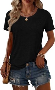Camiseta de Manga Corta con Cuello Redondo Negra para Mujer, Corte Regular, 100% Algodón Jersey, Estilo Casual, Color Sólido, Transpirable, para Todas las Temporadas - Product Image 4