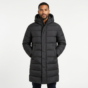 Veste d'hiver en duvet à capuche longue pour homme, noire unie, coupe-vent, fermeture éclair, décontractée, en polyester - Product Image 5