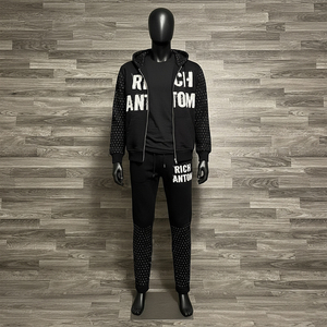 Ensemble de survêtement décontracté d'hiver pour homme, respirant, avec strass, en molleton épais, comprenant un sweat à capuche zippé et un pantalon de jogging, noir clouté - Product Image 1