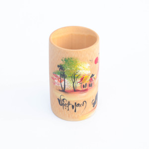 Natural Bamboo Cylindrical <b>Mug</b> – Unique Hand-Painted Countryside Pattern - Product Image 5