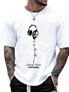 ONETEN Camiseta blanca de manga corta con cuello redondo para hombre con estampado gráfico de auriculares Music Is Life - Product Image 5