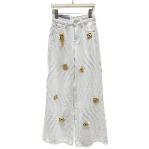 Pantalones Vaqueros de Cintura Alta y Pierna Ancha con Apliques Bordados y Decoración de Ojo Dorado, 100% Algodón para Mujer, Estilo Casual de Verano - Product Image 1
