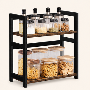 Étagère à épices rustique marron à 2 niveaux pour comptoir de cuisine, en métal et bois, support de rangement vertical pour condiments, gain de place pour bocaux - Product Image 1