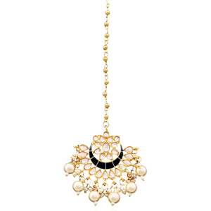 Tikka étnica chapada en oro con perlas y piedras negras, hecha a mano, para la frente, ideal para bodas. - Product Image 3