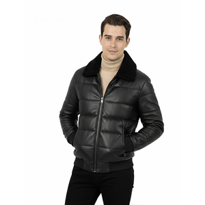 Veste matelassée en cuir noir pour homme, chaude pour l'hiver, avec fermeture éclair et col en fourrure, coupe ajustée, logo personnalisé OEM, vente en gros - Product Image 5