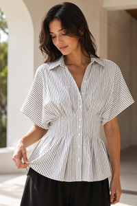 Summer Vintage Striped Women's Regular Fit High Waist Fashion Ruffle Pleated Eco-Friendly Blouses Casual Shirt - Product Image 3