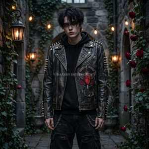 Custom Gothic Biker Leather Jacket <b>Men</b> Embroidered Heart Patch <b>Studded</b> Distressed Punk Rock Moto Streetwear Wholesale Supplier - Product Image 2