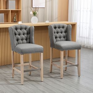 Modern 27-Inch Nailhead Trim Tufted <b>Back</b> <b>Counter</b> Height Bar <b>Stools</b> Set of 2 Gray Wood Legs for Home Bar Kitchen for Basement Use - Product Image 2