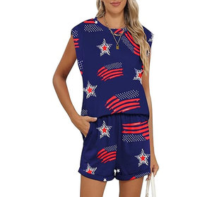 Conjunto de pantalones cortos de 2 piezas para mujer, sin mangas, con cuello redondo, estampado de estrellas y rayas, informal, holgado, traje de verano con bolsillo - Product Image 1