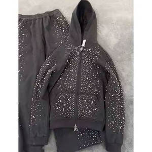 Fashion Men's Winter Hooded Solid Rhinestone Tracksuit Custom Color Casual Streetwear 100% Cotton Quick Dry Breathable OEM - Product Image 2