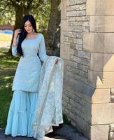 BAJU PESTA DESAINER BAHAN VISKOSE GEORGETTE IMAINAN DENGAN HIASAN BORDIR DAN CELANA SHARARA WARNA BIRU LANGIT 38326