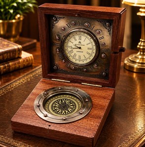 Reloj de Escritorio Rectangular de Madera CH con Brújula y Números Romanos, Diseño Tradicional, Movimiento de Cuarzo Silencioso, Funciona con Batería - Product Image 1
