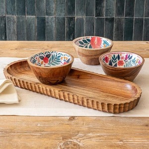 Plateau de service ovale en bois avec 3 bols en émail floral, assiette à dessert en bois sculpté pour mariage, Ramadan, Diwali, décoration - Product Image 5